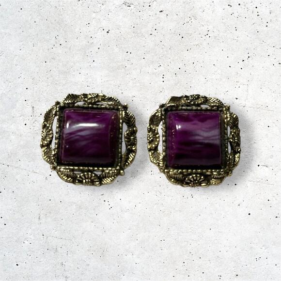 Vintage Purple Clip On Earrings Gold Filigree Statement Jewelry 1980s Earrings - Picture 1 of 7